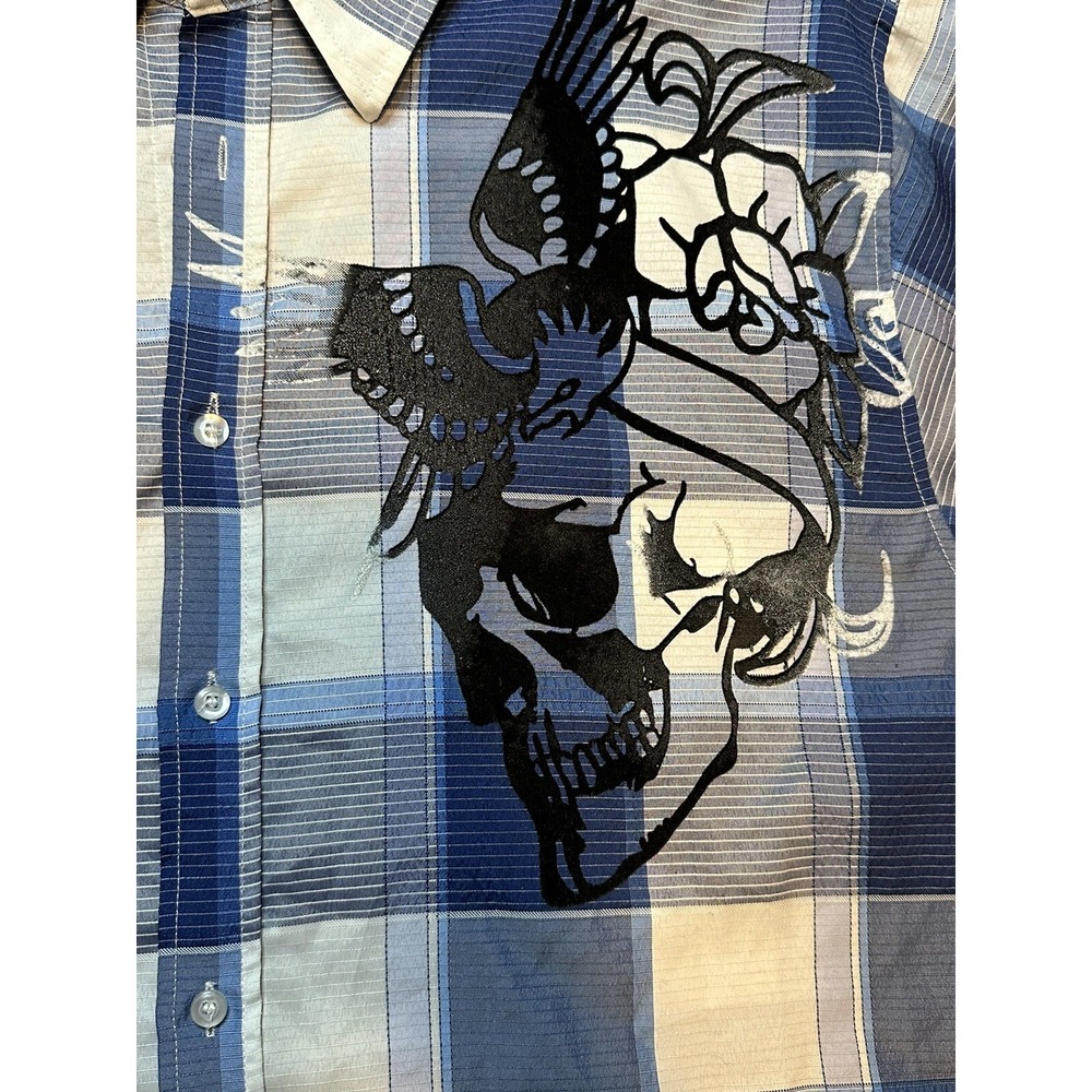 Roadblock Jeans Mens Button Up Shirt Skull Print Y2K Design Affliction‎ Style - Picture 3 of 7
